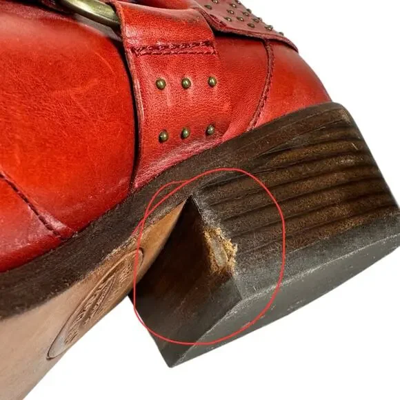 Kork-Ease Katie Red Studded Leather Ankle Booties 8 Western Harness Moto Boho - Picture 8 of 12